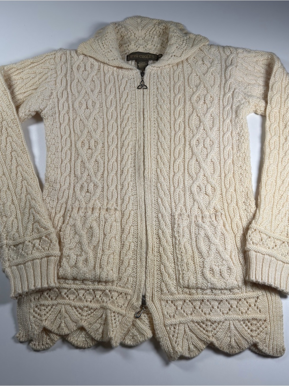 Cream Inis Crafts 100% merino wool Aran-style zip-up cable knit cardigan Size S